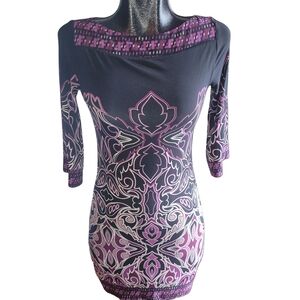 Le Chateau Black and Purple Patterned Dress Sz.XXS